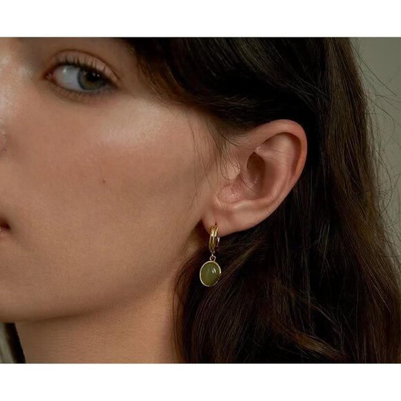 Simple Natural Green Aventurine Stone Jewelry Set for Women,Hoop Earrings,Bracel - Picture 3 of 6